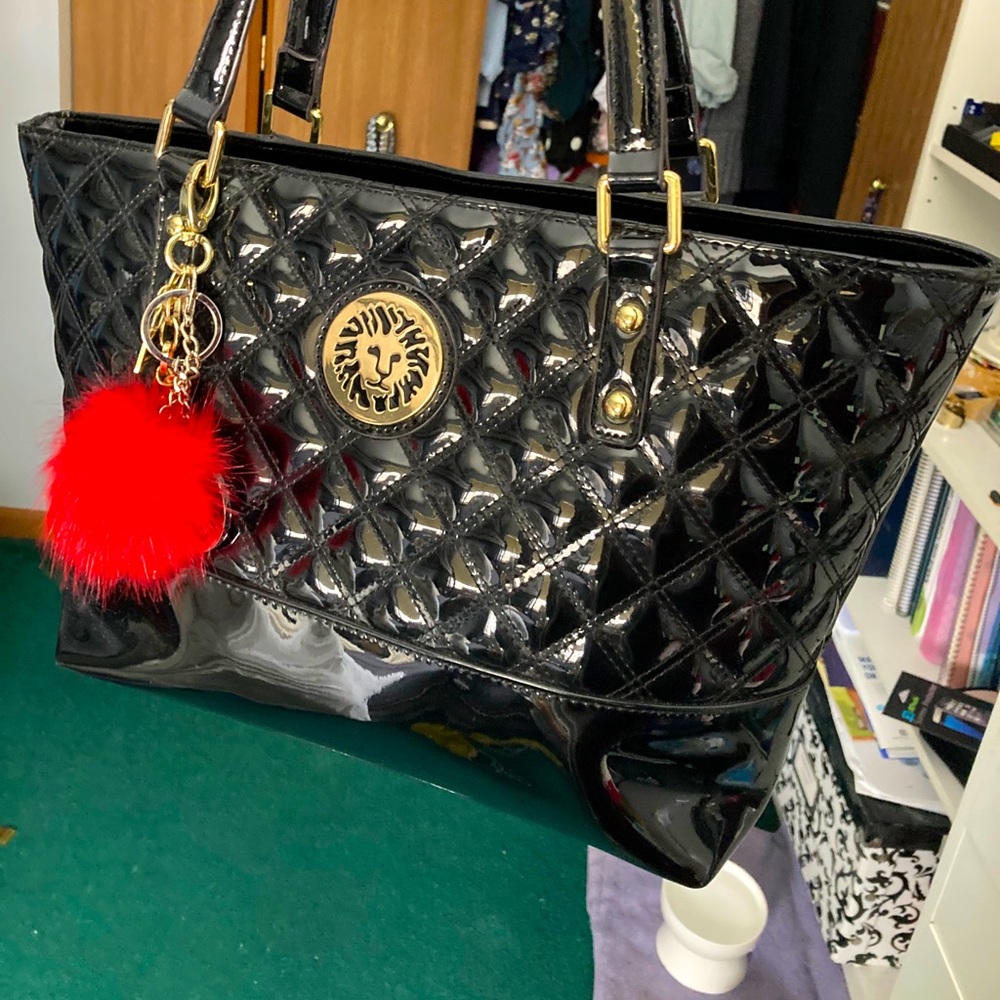 Anne Klein Black Patent Leather Quilted Tote Bag